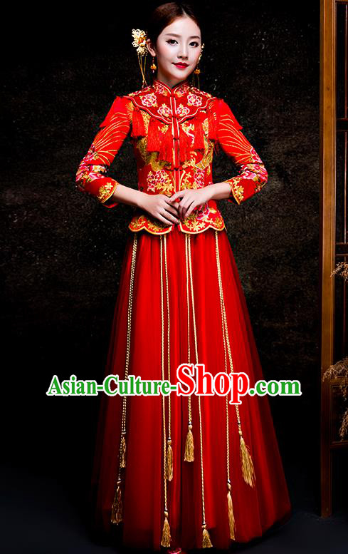 Top Grade Chinese Traditional Red Wedding Dress XiuHe Suit Ancient Bride Embroidered Cheongsam for Women