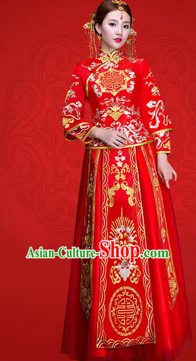 Top Grade Chinese Traditional Wedding Dress Red XiuHe Suit Ancient Bride Embroidered Cheongsam for Women