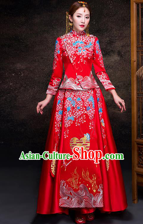 Top Grade Chinese Traditional Red Wedding Dress XiuHe Suit Ancient Bride Embroidered Cheongsam for Women