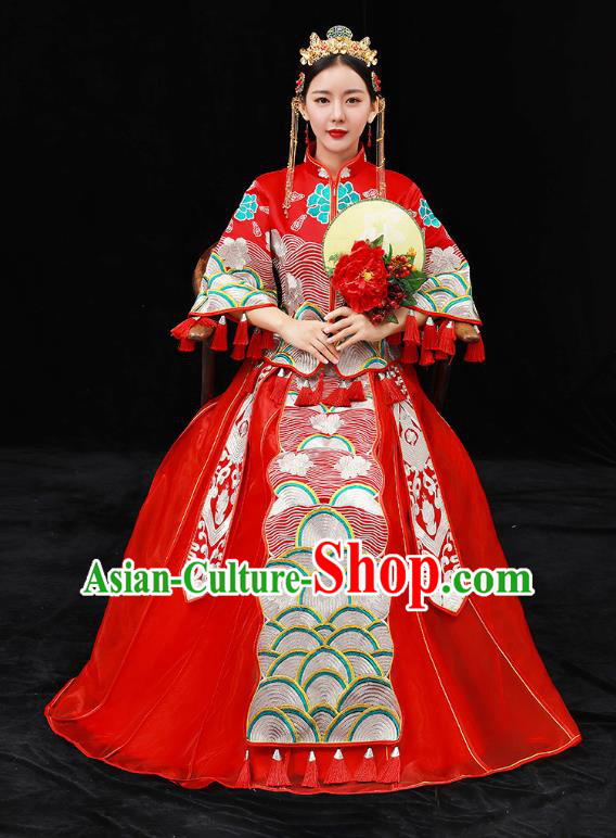 Chinese Ancient Bride Formal Dresses Xiuhe Suit Embroidered Red Cheongsam Wedding Costume for Women