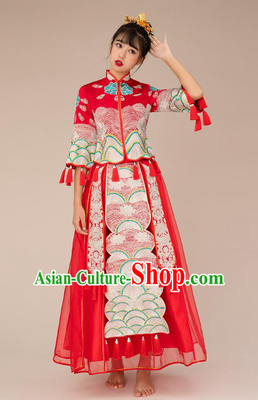 Chinese Ancient Bride Veil Formal Dresses Xiuhe Suit Embroidered Red Cheongsam Wedding Costume for Women