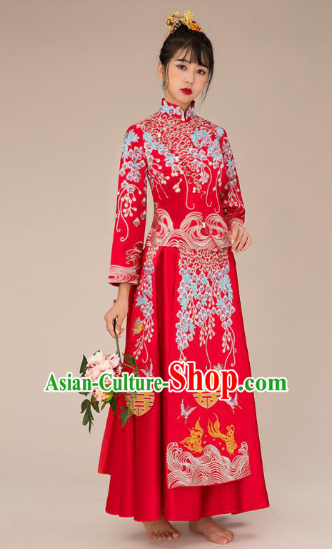 Chinese Ancient Bride Veil Formal Dresses Xiuhe Suit Embroidered Wedding Costume for Women