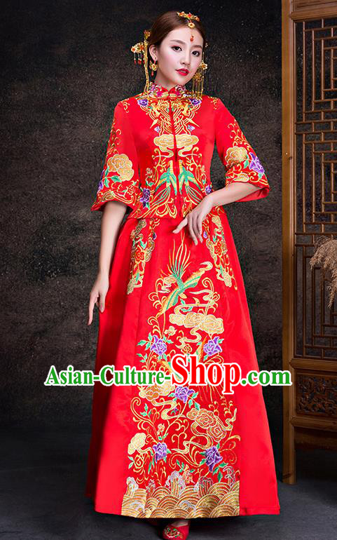 Chinese Traditional Wedding Dress XiuHe Suit Ancient Bride Embroidered Phoenix Cheongsam for Women
