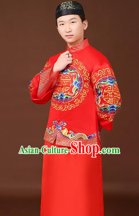 Ancient Chinese Wedding Toast Costumes Traditional Bridegroom Tang Suit Red Long Robe for Men