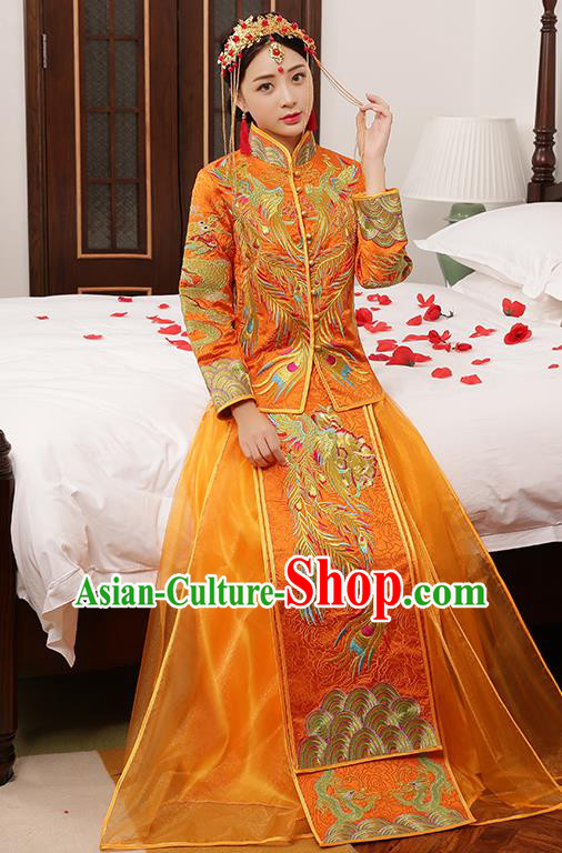 Chinese Traditional Embroidered Wedding Dress Golden XiuHe Suit Ancient Bride Cheongsam for Women