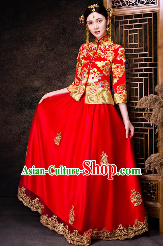 Chinese Traditional Wedding Dress Red XiuHe Suit Ancient Bride Embroidered Peony Toast Cheongsam for Women