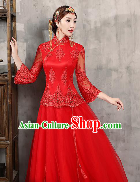 Chinese Traditional Wedding Dress Red Lace XiuHe Suit Ancient Bride Embroidered Toast Cheongsam for Women