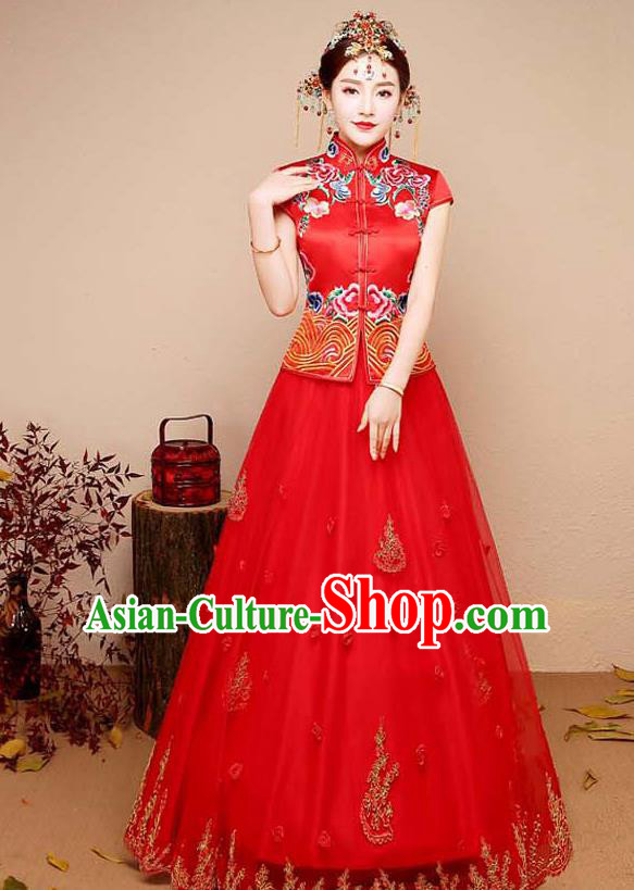 Chinese Traditional Wedding Costume XiuHe Suit Ancient Bride Embroidered Toast Formal Dress for Women