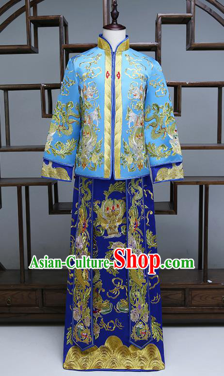 Ancient Chinese Male Wedding Toast Costumes Traditional Bridegroom Tang Suit Blue Long Robe for Men