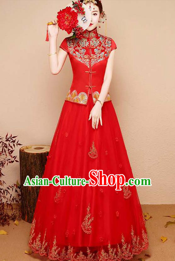 Chinese Traditional Wedding Costume XiuHe Suit Ancient Bride Embroidered Red Toast Formal Dress for Women