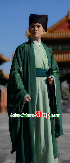 Chinese Ancient Han Dynasty Scholar Costume Embroidered Green Robe for Men