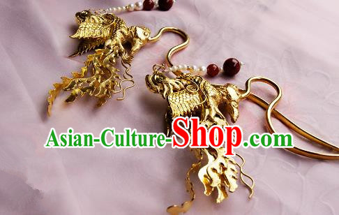 Chinese Traditional Hair Accessories Ancient Empress Golden Crane Tassel Hairpins for Women