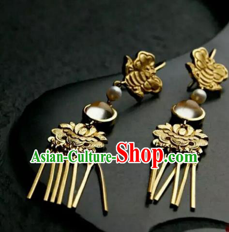 Handmade Chinese Traditional Accessories Hanfu Wedding Golden Lotus Earrings for Women