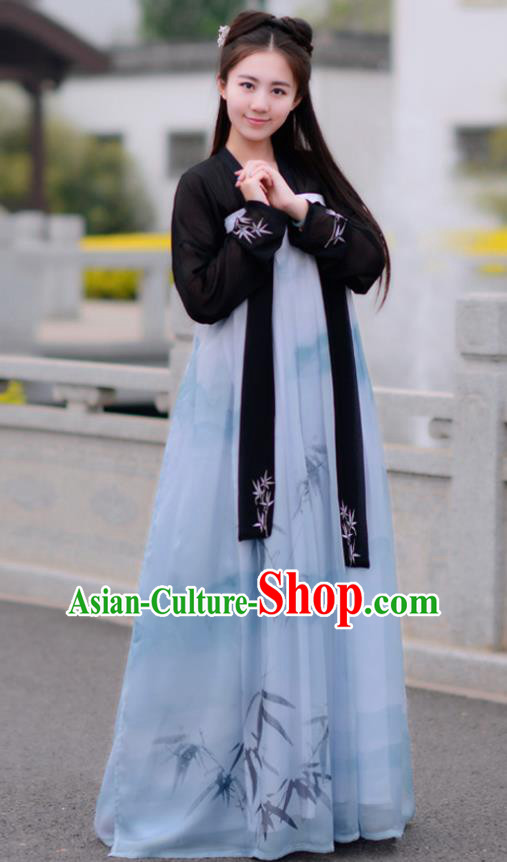 Chinese Tang Dynasty Young Lady Costume Ancient Printing Bamboo Hanfu Dress for Women