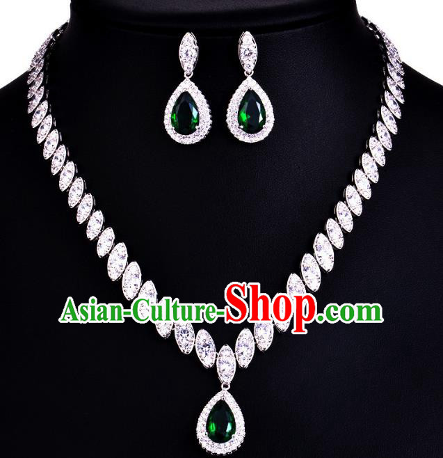 Top Grade Wedding Bride Jewelry Accessories Green Crystal Necklace and Earrings for Women