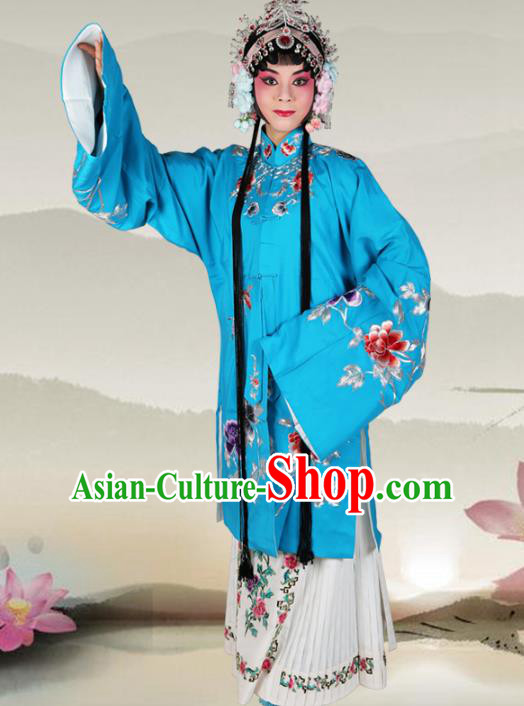 Professional Chinese Beijing Opera Costumes Ancient Peking Opera Actress Embroidered Peony Blue Clothing for Adults