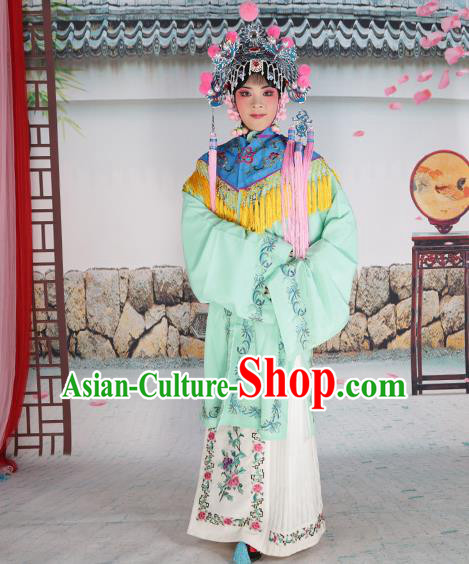 Professional Chinese Beijing Opera Diva Embroidered Green Costumes Blue Shawl Clothing and Headwear for Adults