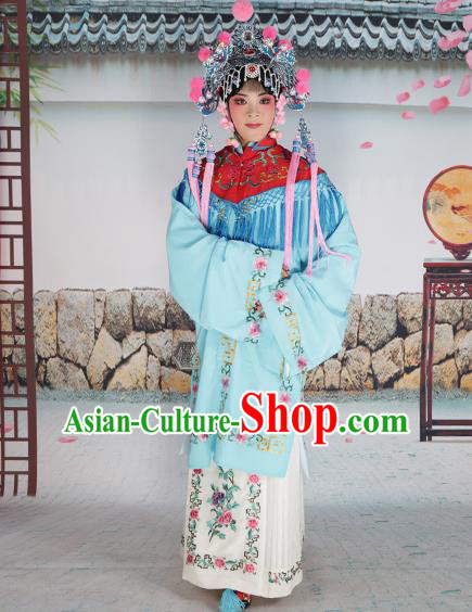 Professional Chinese Beijing Opera Diva Embroidered Blue Costumes Red Shawl Clothing and Headwear for Adults