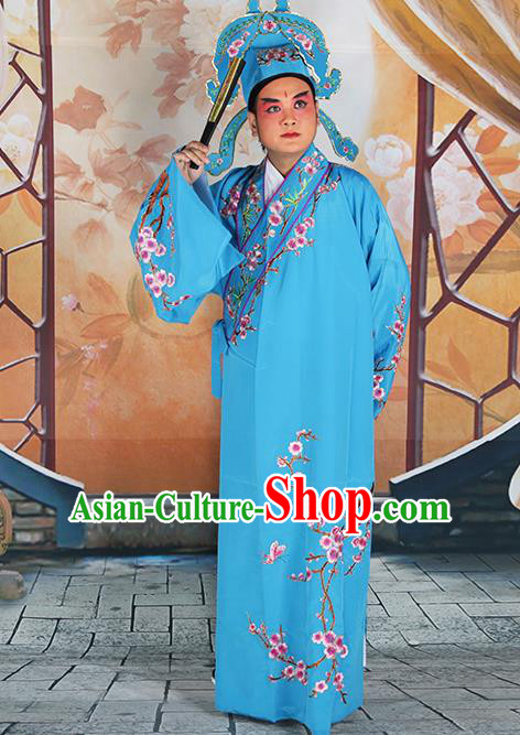 Professional Chinese Peking Opera Niche Costume Traditional Peking Opera Plum Blossom Blue Robe and Hat for Adults