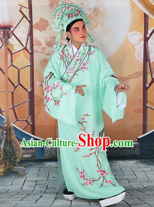 Professional Chinese Peking Opera Niche Costume Traditional Peking Opera Plum Blossom Green Robe and Hat for Adults