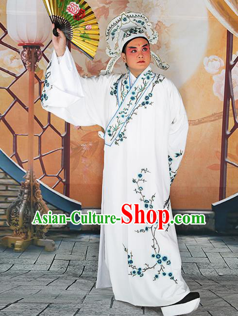 Professional Chinese Peking Opera Niche Costume Traditional Peking Opera Plum Blossom White Robe and Hat for Adults