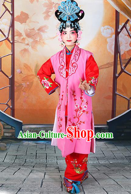 Professional Chinese Beijing Opera Maidservants Embroidered Plum Blossom Rosy Costumes for Adults