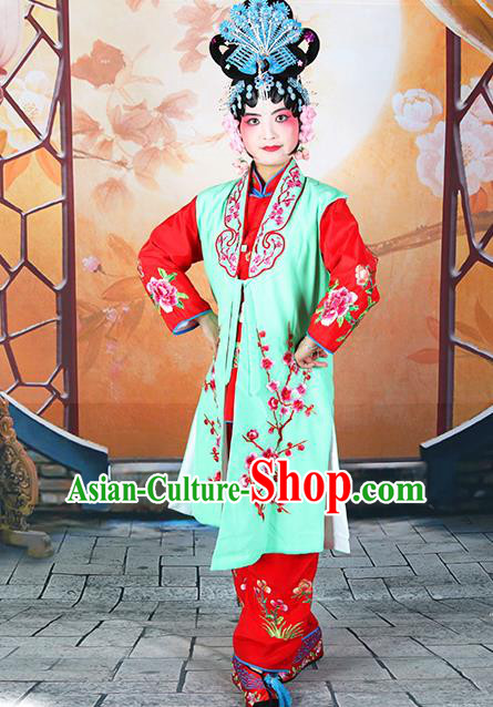 Professional Chinese Beijing Opera Maidservants Embroidered Plum Blossom Green Costumes for Adults