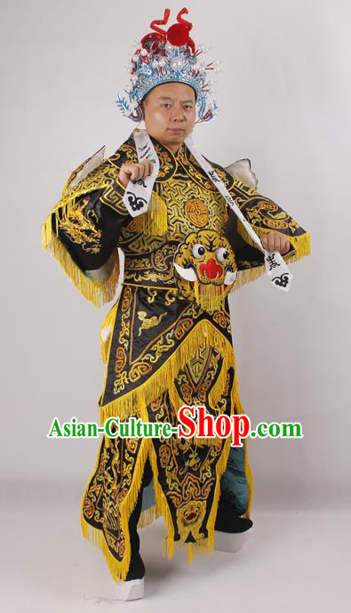 Professional Chinese Peking Opera General Black Embroidered Costume Beijing Opera Takefu Clothing and Hat for Adults