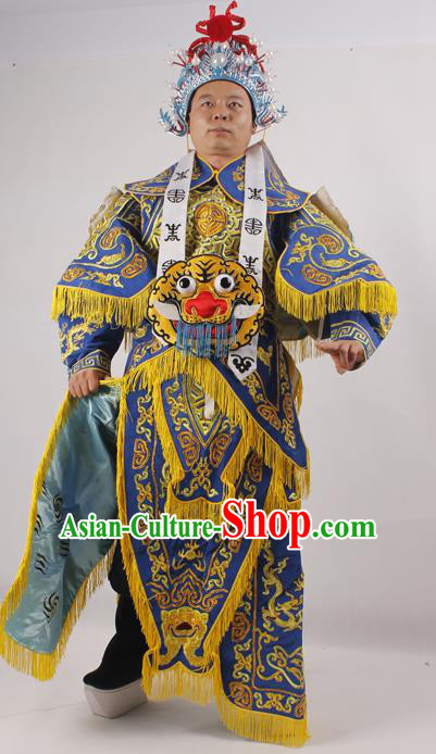 Professional Chinese Peking Opera General Blue Embroidered Costume Beijing Opera Takefu Clothing and Hat for Adults