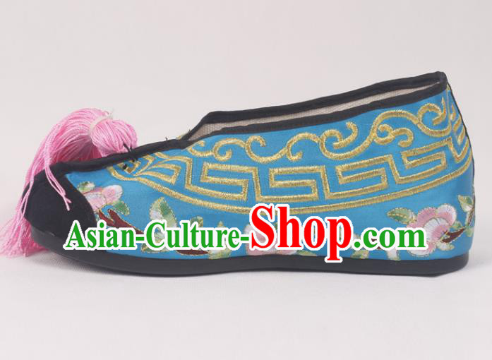 Chinese Traditional Beijing Opera Blue Embroidered Shoes Peking Opera Diva Blood Stained Shoes for Women