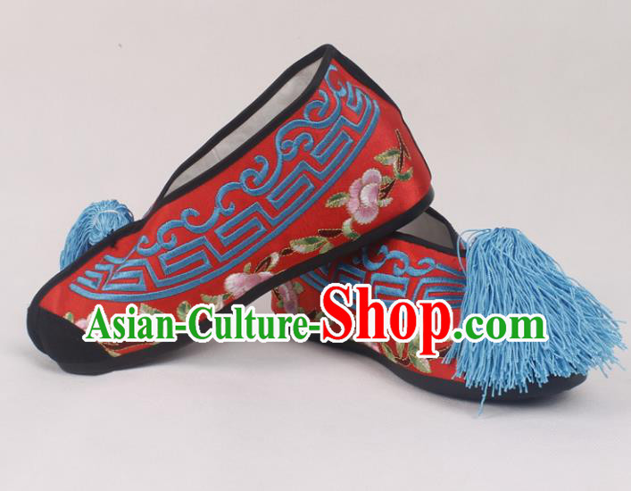 Chinese Traditional Beijing Opera Red Embroidered Shoes Peking Opera Diva Blood Stained Shoes for Women