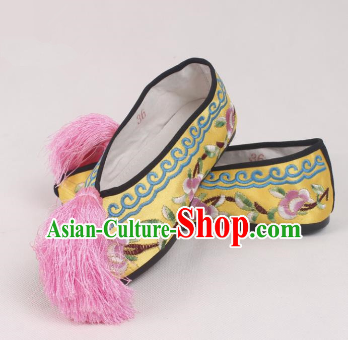 Chinese Traditional Beijing Opera Yellow Embroidered Shoes Peking Opera Diva Blood Stained Shoes for Women