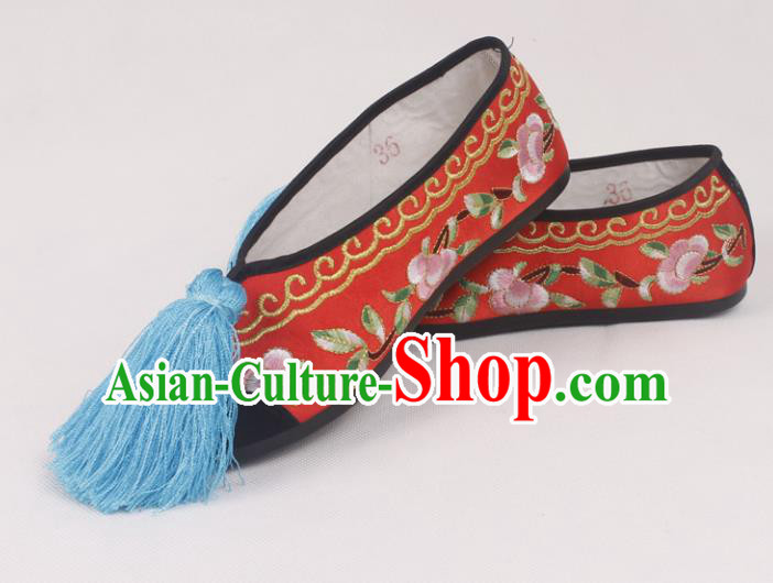 Chinese Traditional Beijing Opera Hanfu Red Embroidered Shoes Peking Opera Diva Blood Stained Shoes for Women