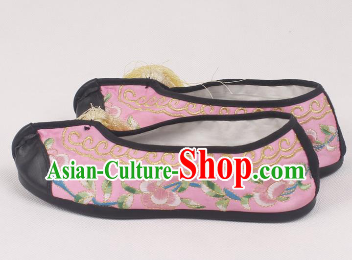 Chinese Traditional Beijing Opera Hanfu Pink Embroidered Shoes Peking Opera Diva Blood Stained Shoes for Women