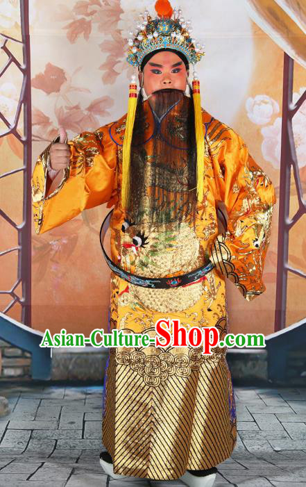 Professional Chinese Peking Opera Yellow Embroidered Robe Prime Minister Costumes and Hat for Adults