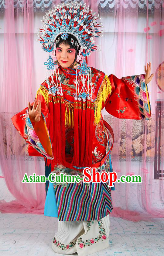 Professional Chinese Beijing Opera Diva Imperial Consort Embroidered Red Costumes and Phoenix Coronet for Adults