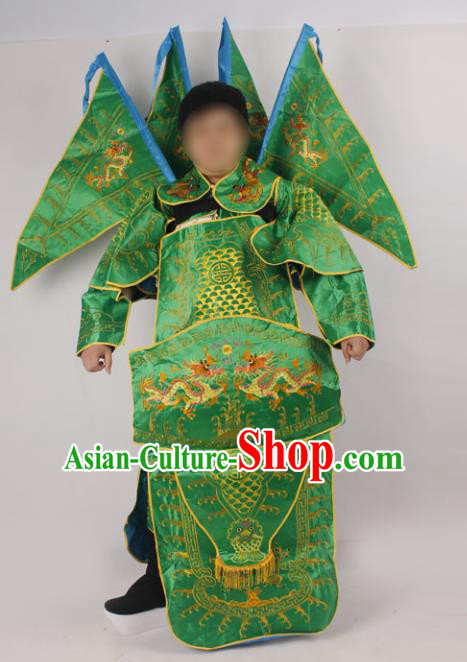 Professional Chinese Peking Opera General Green Embroidered Costume and Props for Adults