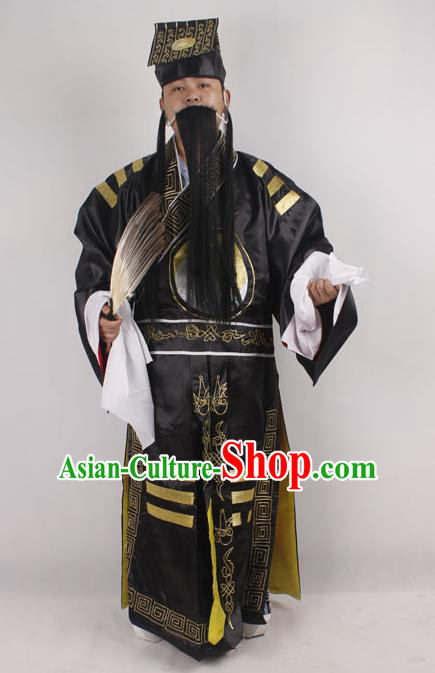 Professional Chinese Peking Opera Strategist Costume Embroidered Black Robe and Hat for Adults