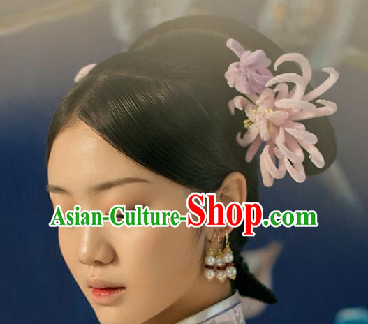 Top Grade Chinese Handmade Hair Accessories Qing Dynasty Pink Velvet Chrysanthemum Flowers Hairpins for Women