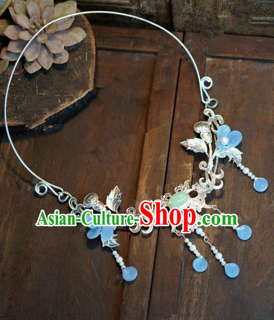 Chinese Handmade Blue Flowers Necklace Ancient Bride Hanfu Necklet Jewelry Accessories for Women