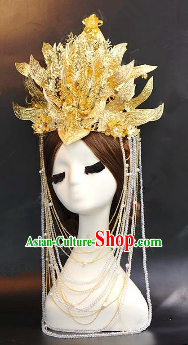 Chinese Traditional Ancient Palace Lady Golden Phoenix Coronet Queen Hairpins Headdress for Women