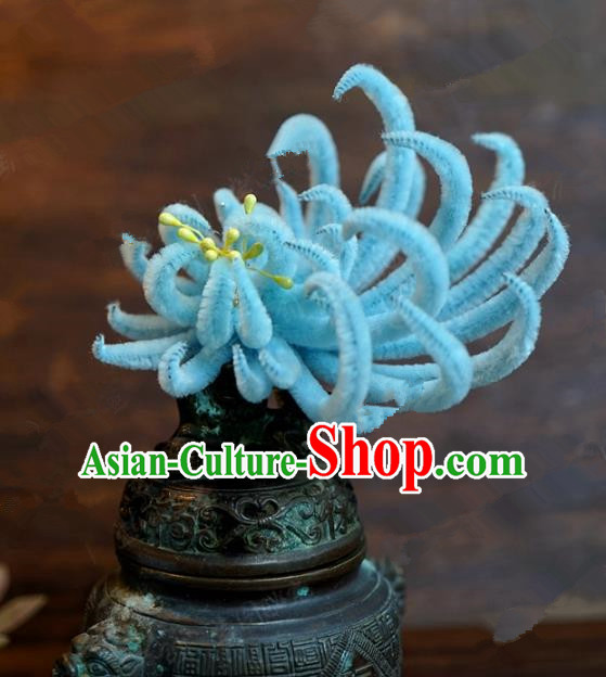 Chinese Handmade Ancient Hair Accessories Qing Dynasty Princess Blue Velvet Chrysanthemum Hairpins for Women