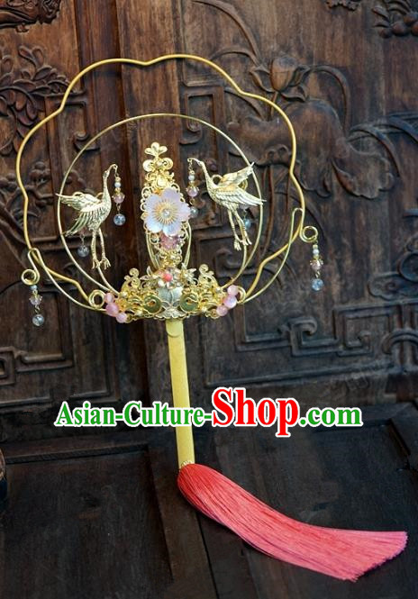 Top Grade Chinese Handmade Palace Fans Ancient Hanfu Cranes Round Fans for Women