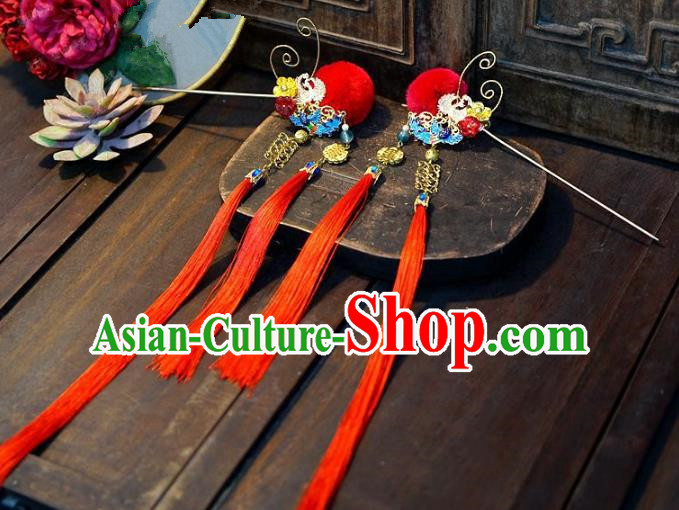 Chinese Handmade Ancient Hair Accessories Princess Red Tassel Hairpins for Women