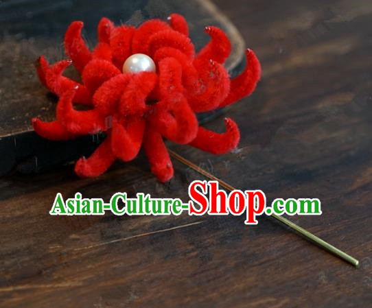 Chinese Handmade Ancient Hair Accessories Qing Dynasty Princess Red Velvet Flower Hairpins for Women