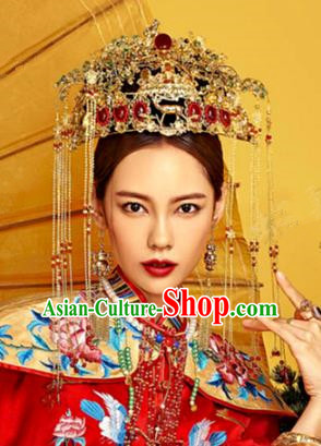 Chinese Traditional Ancient Bride Phoenix Coronet Wedding Headdress Hairpins Complete Set for Women