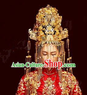 Chinese Traditional Ancient Bride Golden Tassel Phoenix Coronet Wedding Headdress Hairpins Complete Set for Women