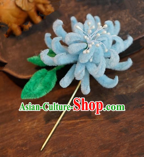 Chinese Handmade Ancient Hair Accessories Qing Dynasty Princess Blue Velvet Chrysanthemum Hairpins for Women