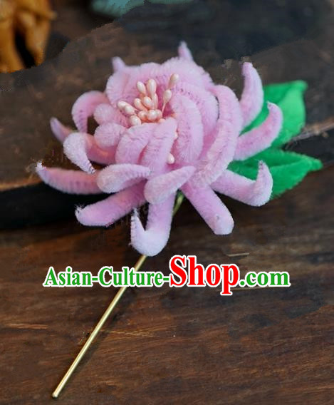 Chinese Handmade Ancient Hair Accessories Qing Dynasty Princess Pink Velvet Chrysanthemum Hairpins for Women