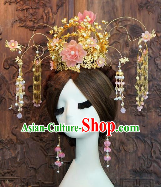 Chinese Handmade Ancient Pink Peony Phoenix Coronet Wedding Hair Accessories Hairpins Complete Set for Women